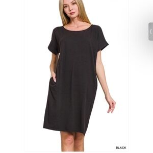 NWOT Zenana Rolled Sleeve Short Knit Dress with Pockets - Black